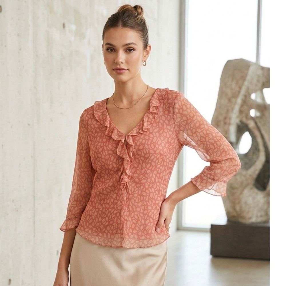 Vintage ICE Silk Ruffle Blouse Pink Geometric Print 3/4 Sleeve Large